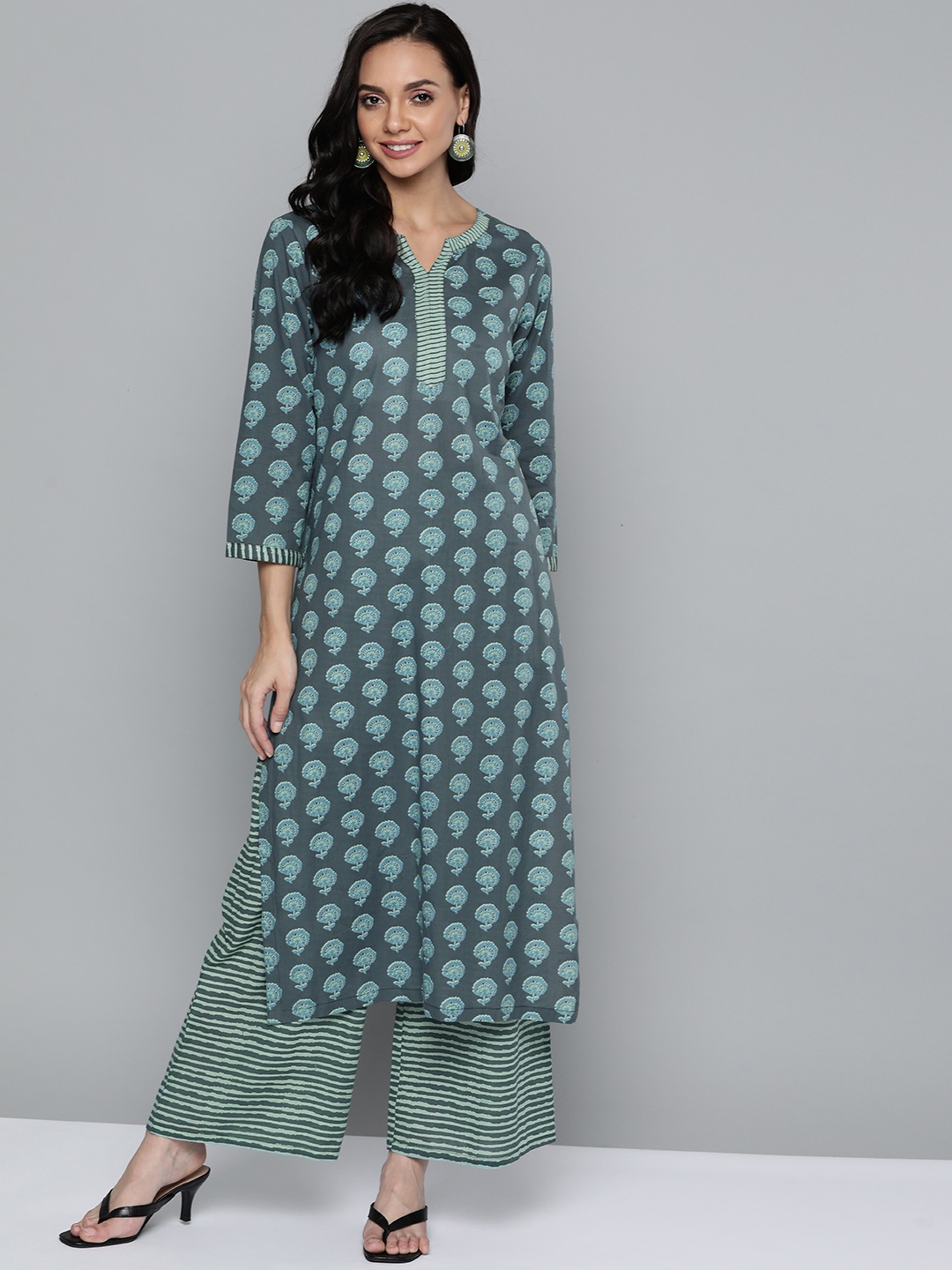 

HERE&NOW Women Grey & Blue Ethnic Motifs Printed Pure Cotton Kurta with Palazzos