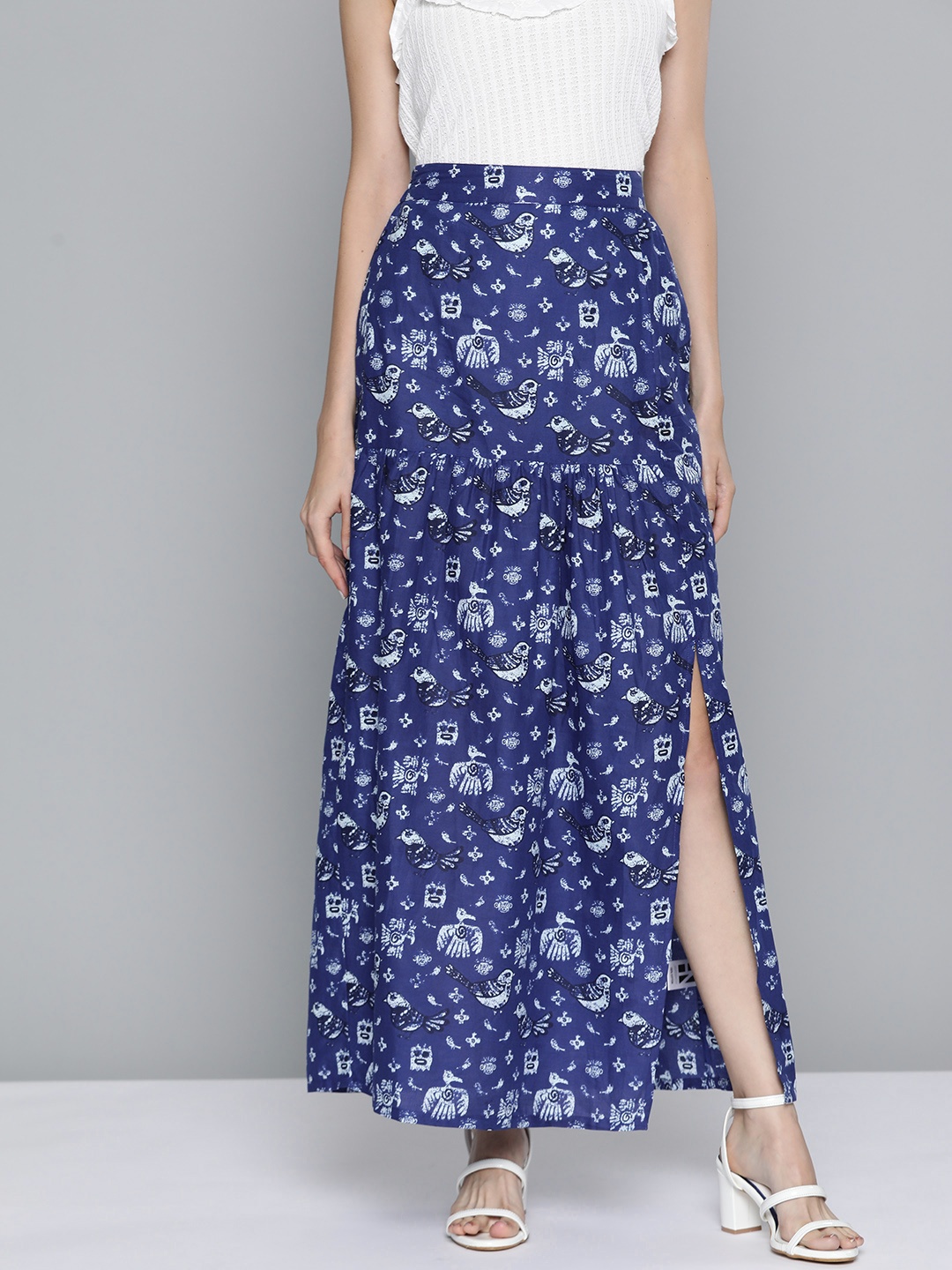 

HERE&NOW Women Navy Blue & White Pure Cotton Printed Maxi Skirt
