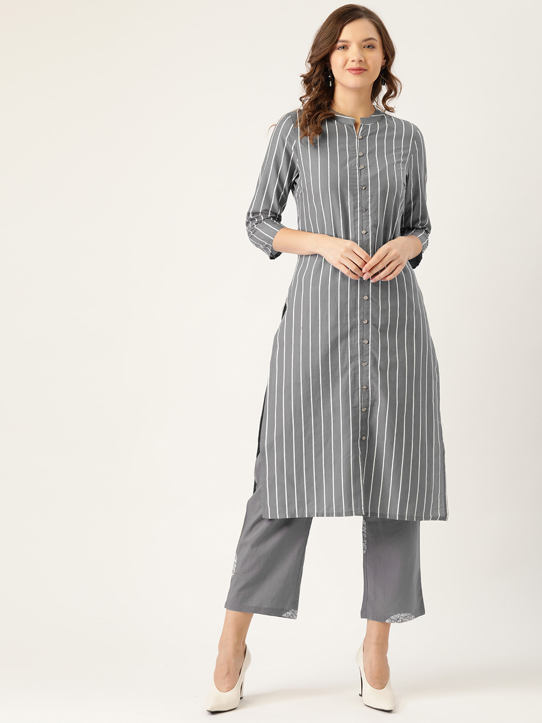

Moda Rapido Women Grey Striped Pure Cotton Kurta with Palazzos