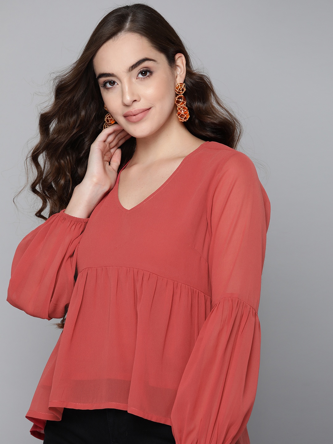 

HERE&NOW Rust Red Solid Puff Sleeve A-Line Top