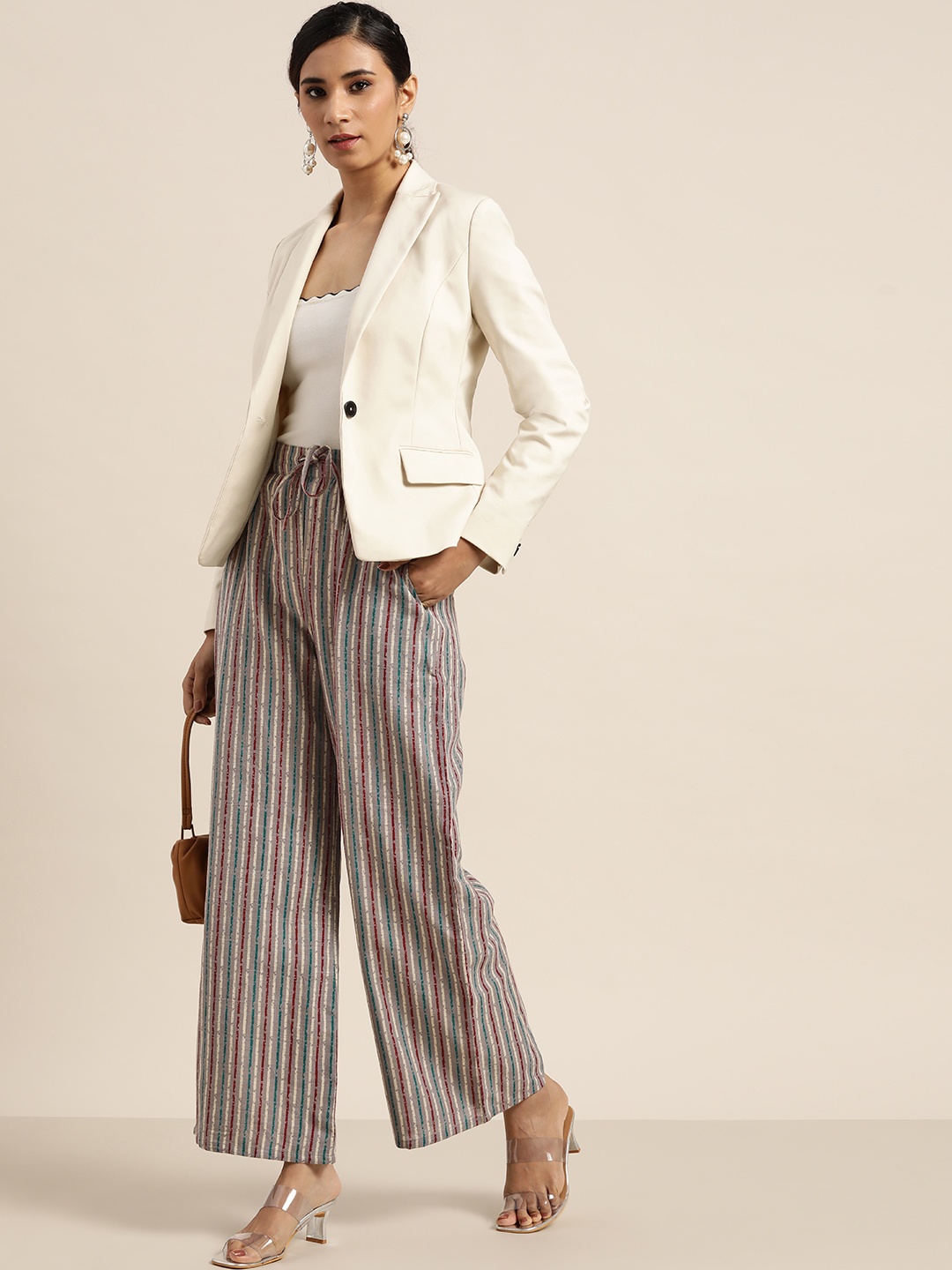 

Moda Rapido Women Grey & Green Pure Cotton Striped Palazzos