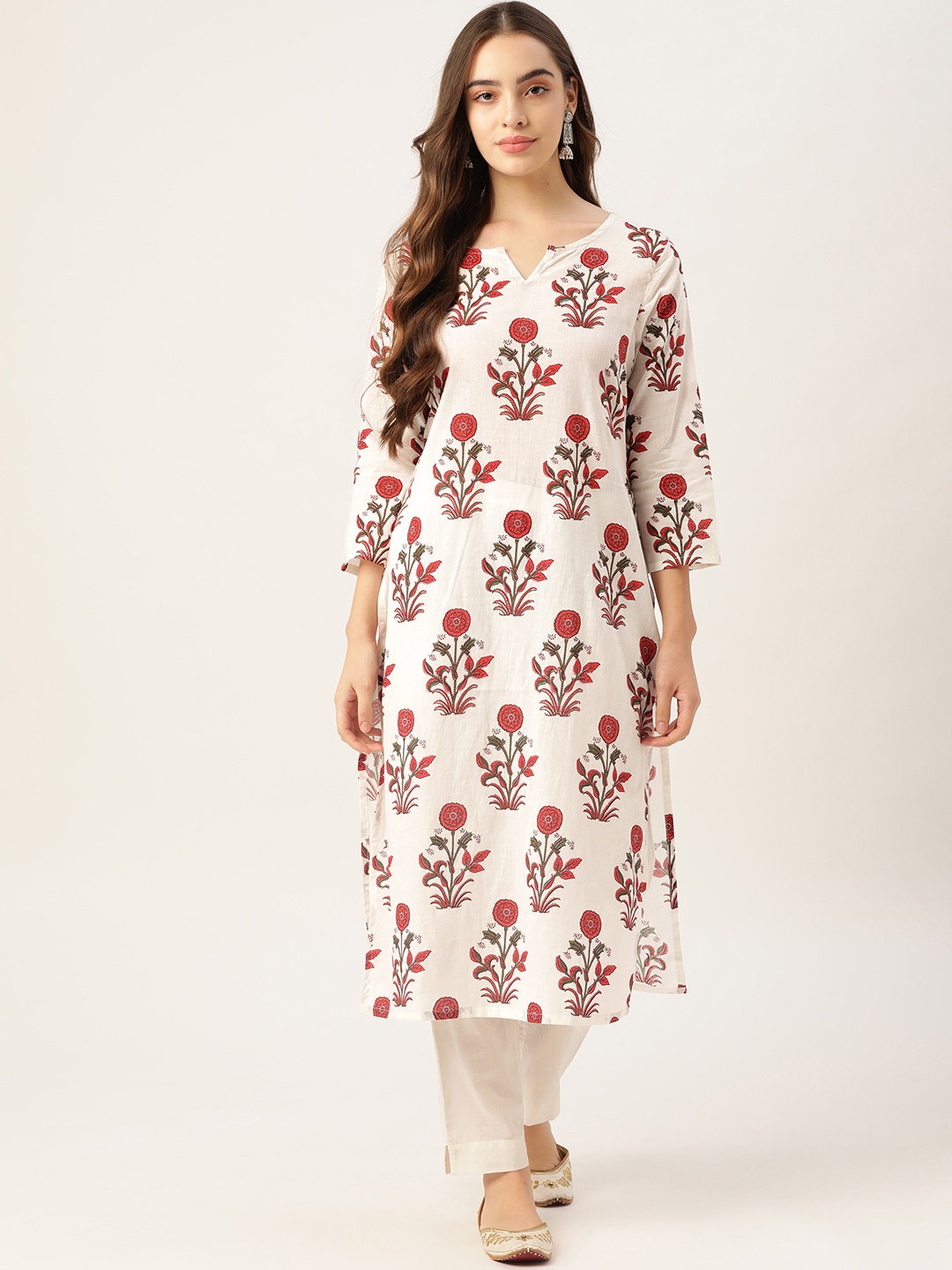 

Moda Rapido Women White & Red Pure Cotton Floral Printed Floral Kurta