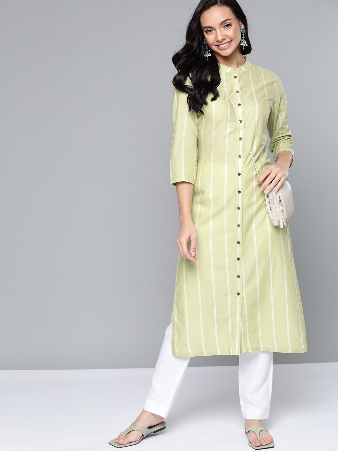 

HERE&NOW Women Green & Off White Striped Printed Straight Kurta