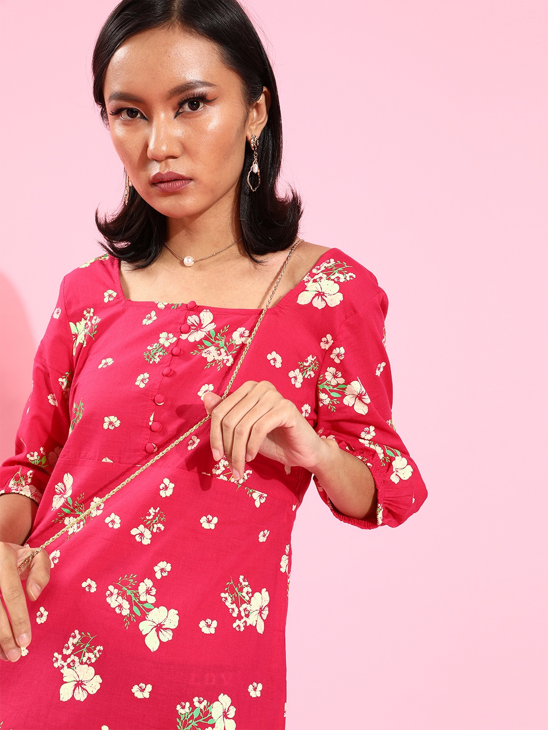 

HERE&NOW Pink & Beige Floral Print Pure Cotton A-Line Boxy Dress