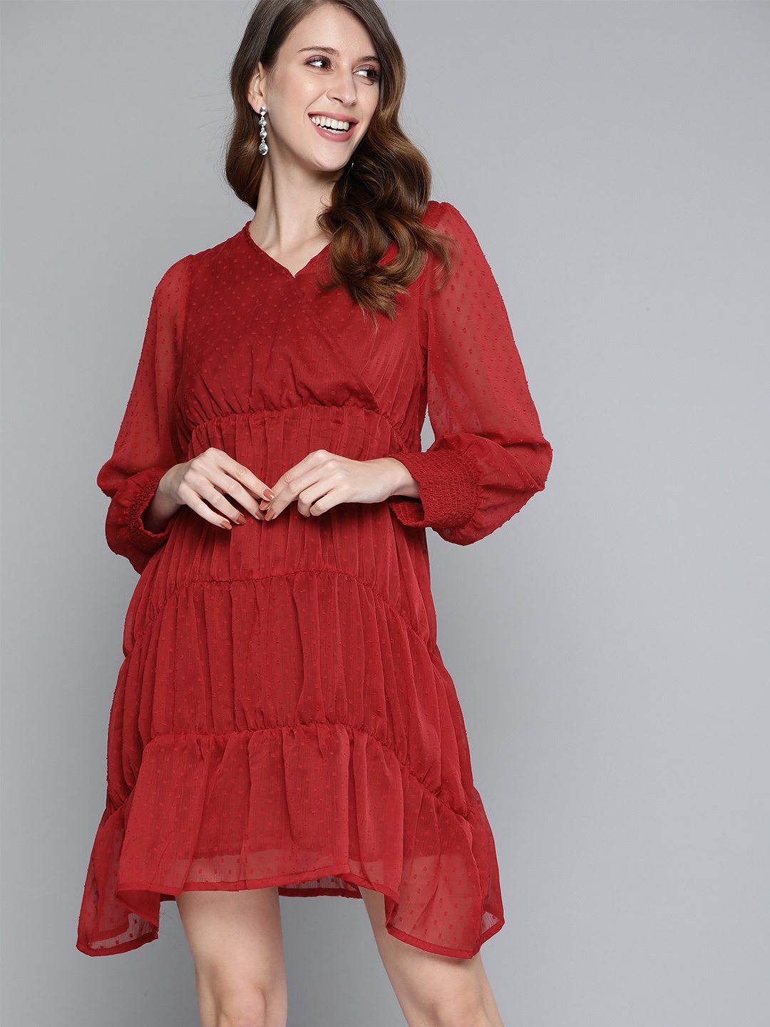 

HERE&NOW Women Red Dobby Weave Wrap Dress