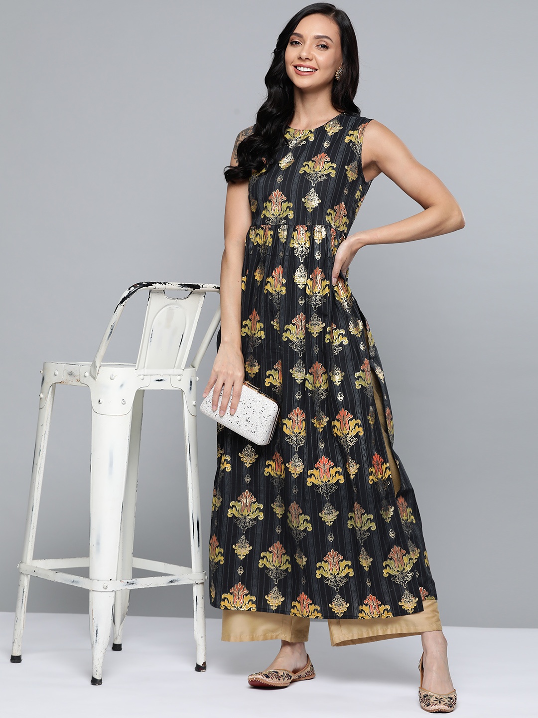 

HERE&NOW Women Black & Yellow Ethnic Motifs Print Cotton Straight Kurta