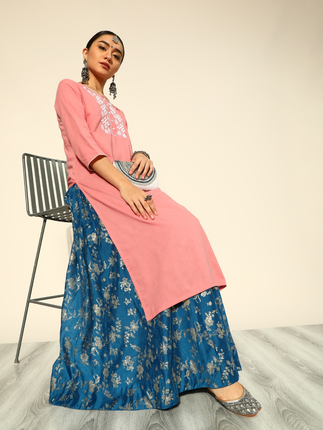 

HERE&NOW Women Coral Pink & White Pure Cotton Yoke Design Kurta