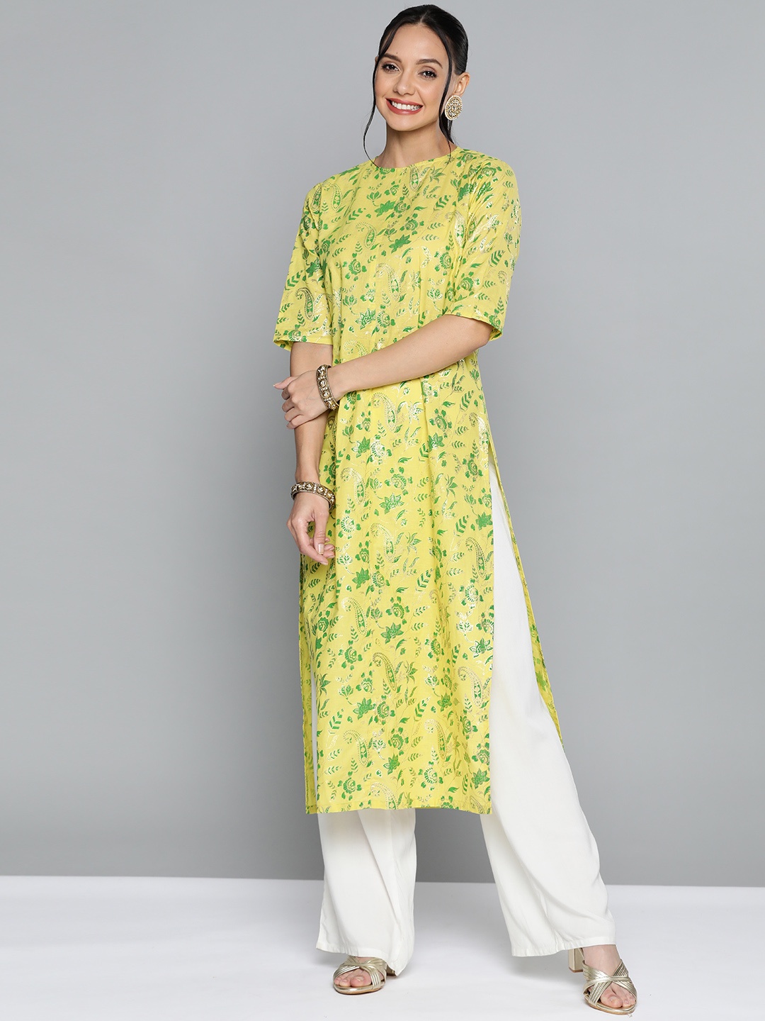 

HERE&NOW Women Yellow & Green Pure Cotton Ethnic Motifs Printed Kurta