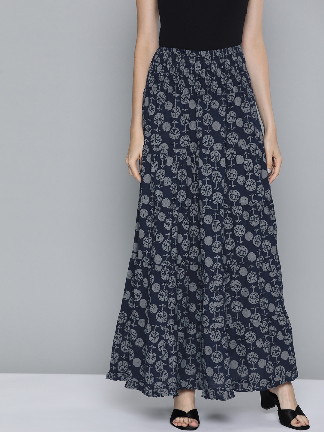 

HERE&NOW Navy Blue & Grey Ethnic Print Tiered Pure Cotton A-Line Maxi Skirt