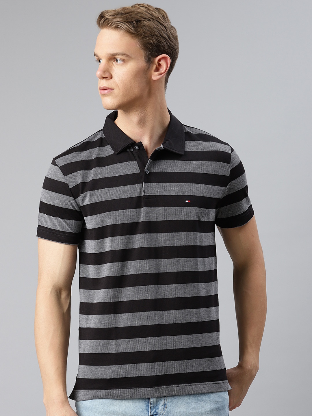 

Tommy Hilfiger Men Black & Grey Pure Cotton Striped Polo Collar T-shirt