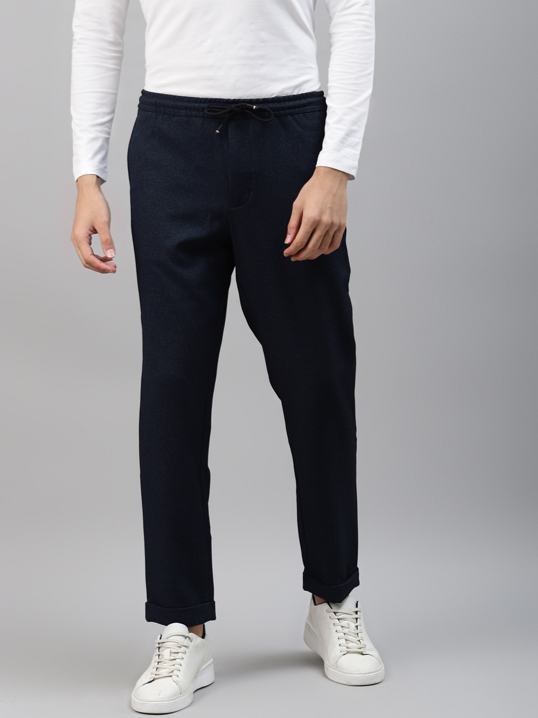 

Tommy Hilfiger Men Navy Blue Checked Regular Trousers