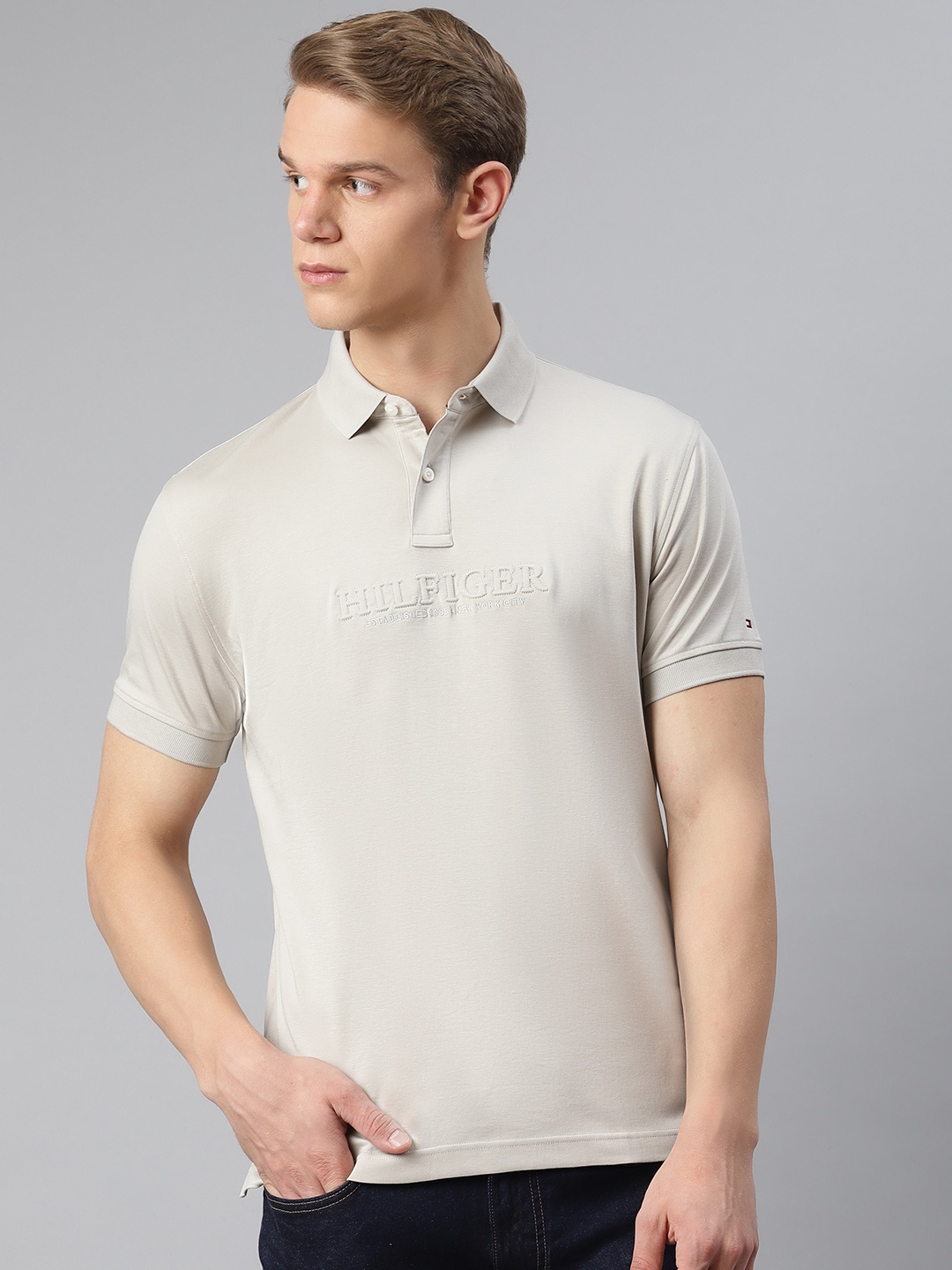 

Tommy Hilfiger Men Grey Pure Cotton Embossed Brand Logo Print Polo Collar T-shirt