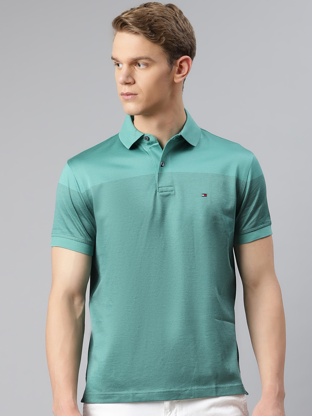

Tommy Hilfiger Men Green Self Design Pure Cotton Polo Collar Pure Cotton T-shirt