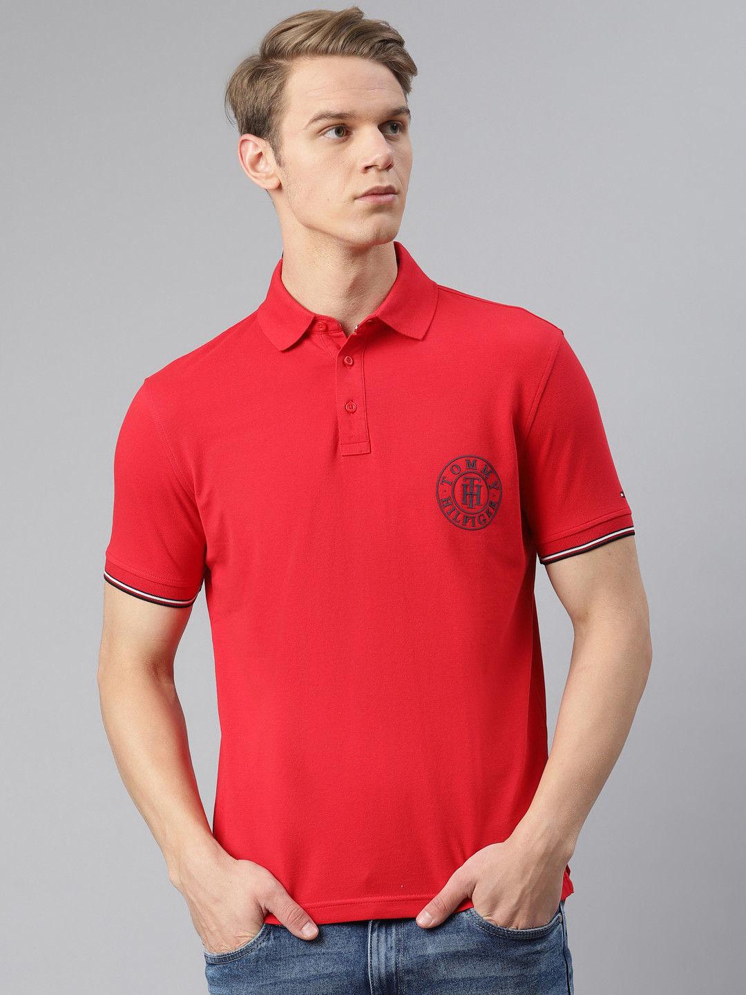 

Tommy Hilfiger Men Red Solid Pure Cotton Polo Collar Pure Cotton T-shirt
