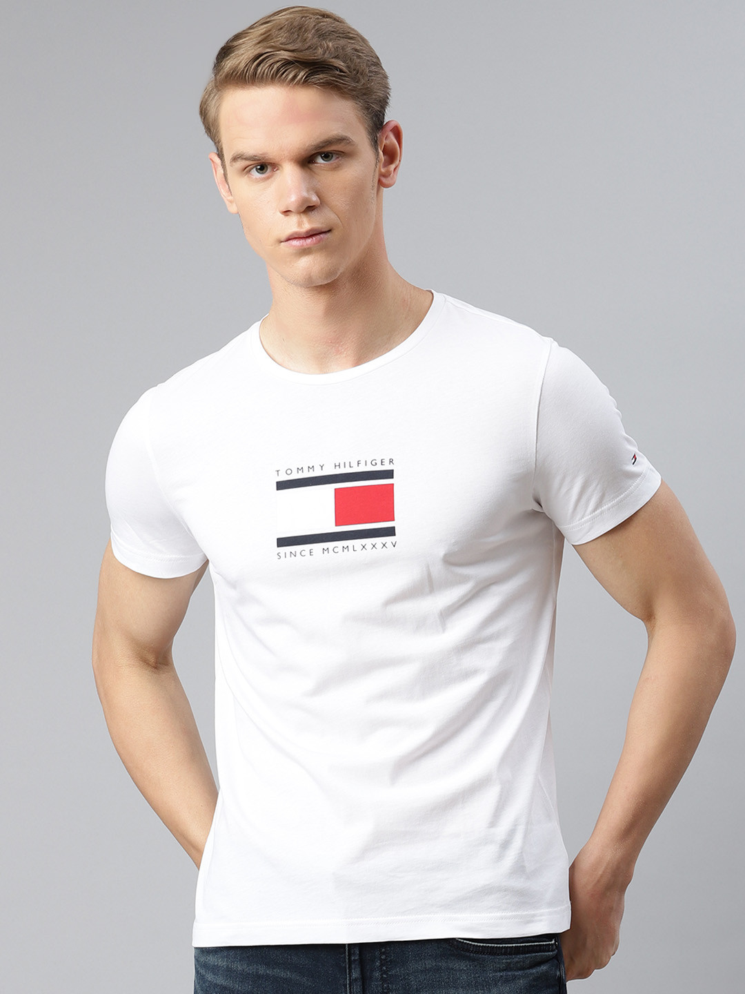 

Tommy Hilfiger Men White Black Printed Round Neck Pure Cotton T-shirt