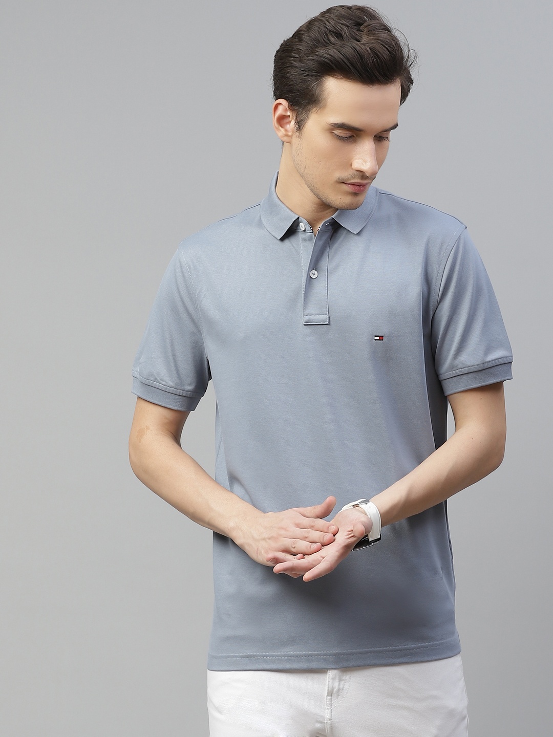 

Tommy Hilfiger Men Grey Pure Cotton Solid Polo Collar T-shirt