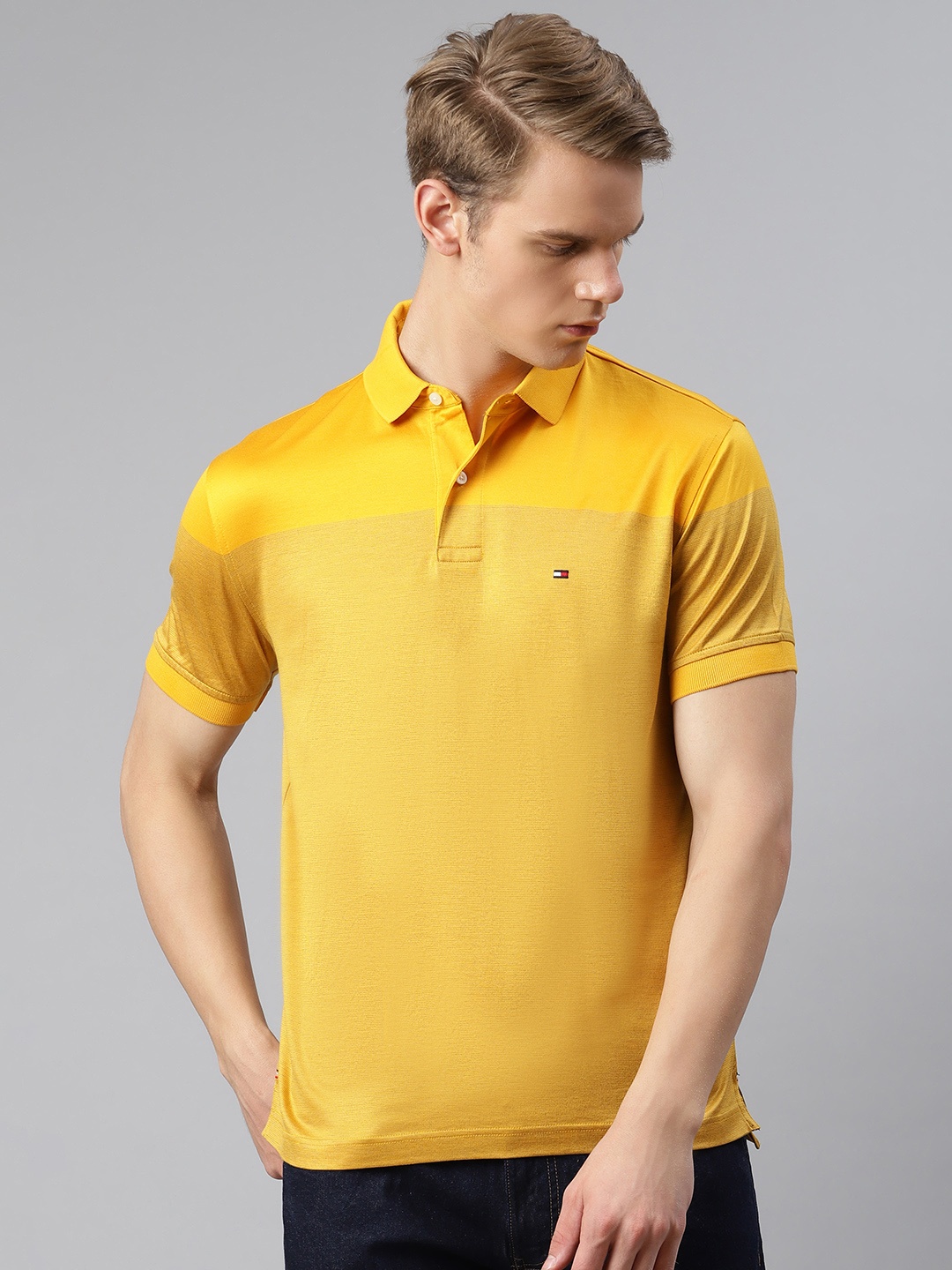 

Tommy Hilfiger Men Yellow Self Design Pure Cotton Polo Collar Pure Cotton T-shirt