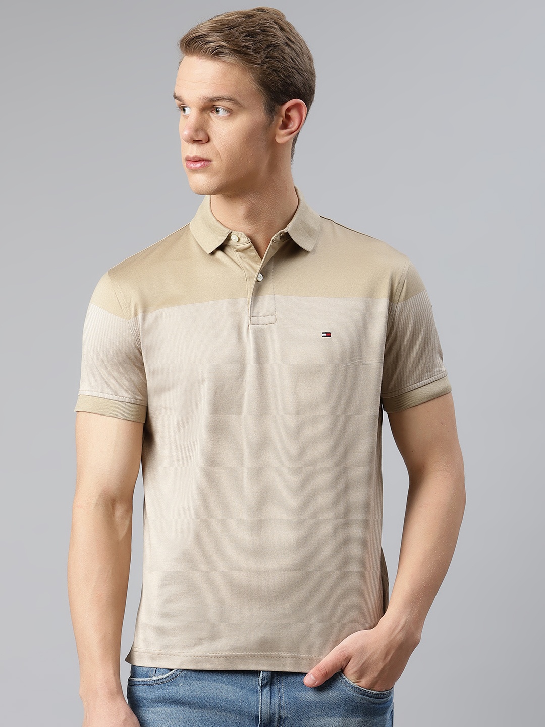 

Tommy Hilfiger Men Beige Self Design Pure Cotton Polo Collar Pure Cotton T-shirt