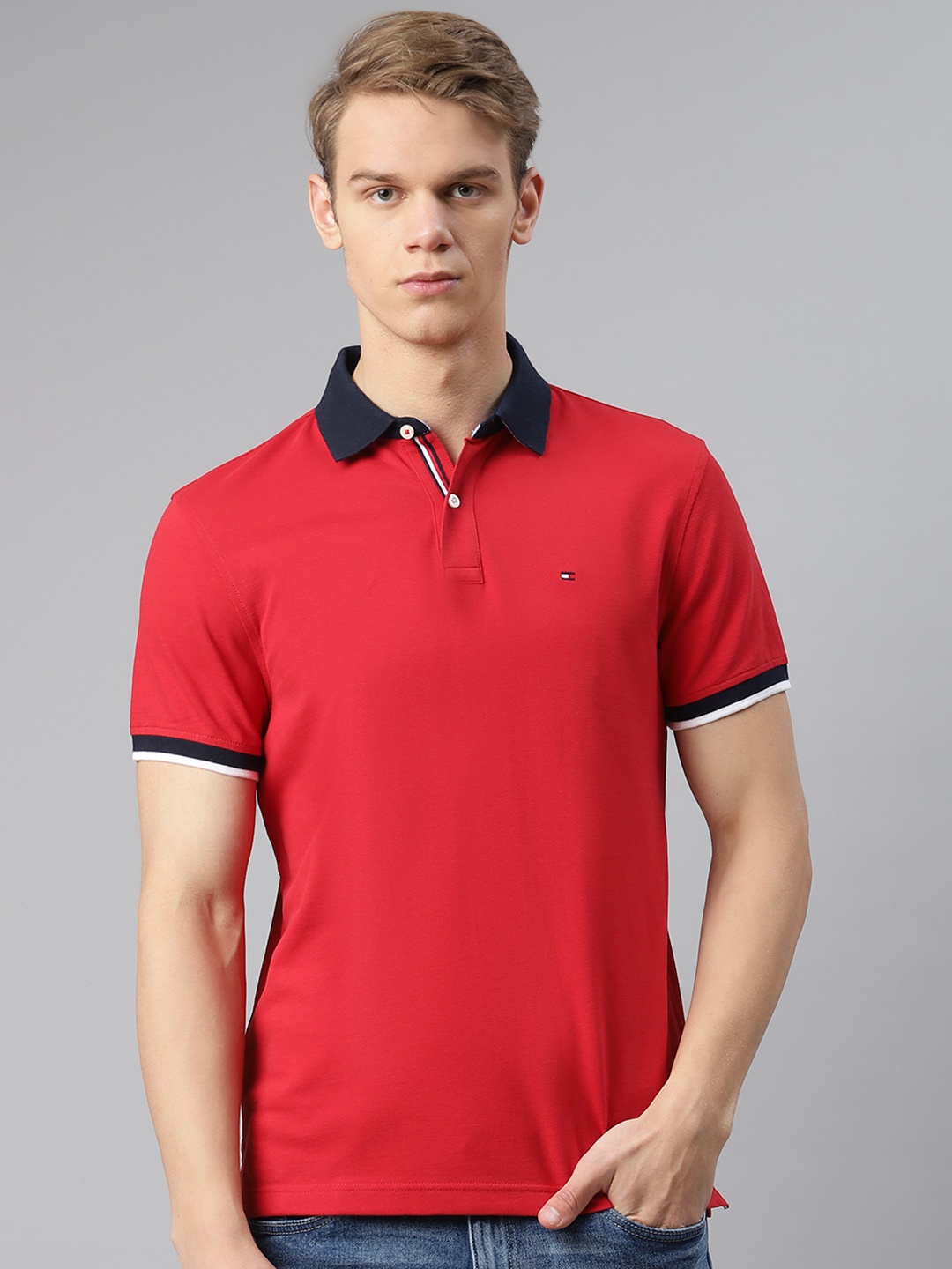 

Tommy Hilfiger Men Red Cotton Custom Fit Solid Polo Collar Pure Cotton T-shirt
