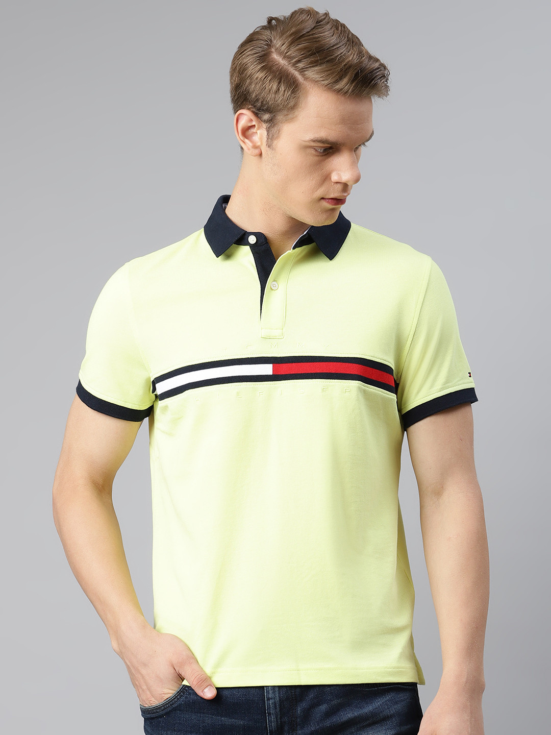 

Tommy Hilfiger Men Yellow Cotton Custom Fit Brand Logo Embroidered Polo Collar Pure Cotton T-shirt
