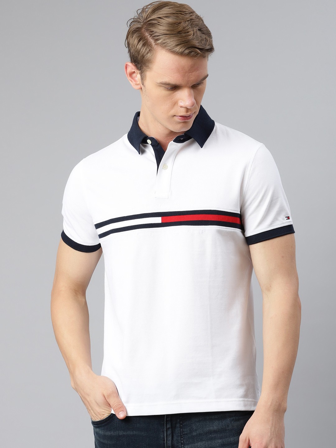 

Tommy Hilfiger Men White Cotton Custom Fit Brand Logo Embroidered Polo Collar Pure Cotton T-shirt