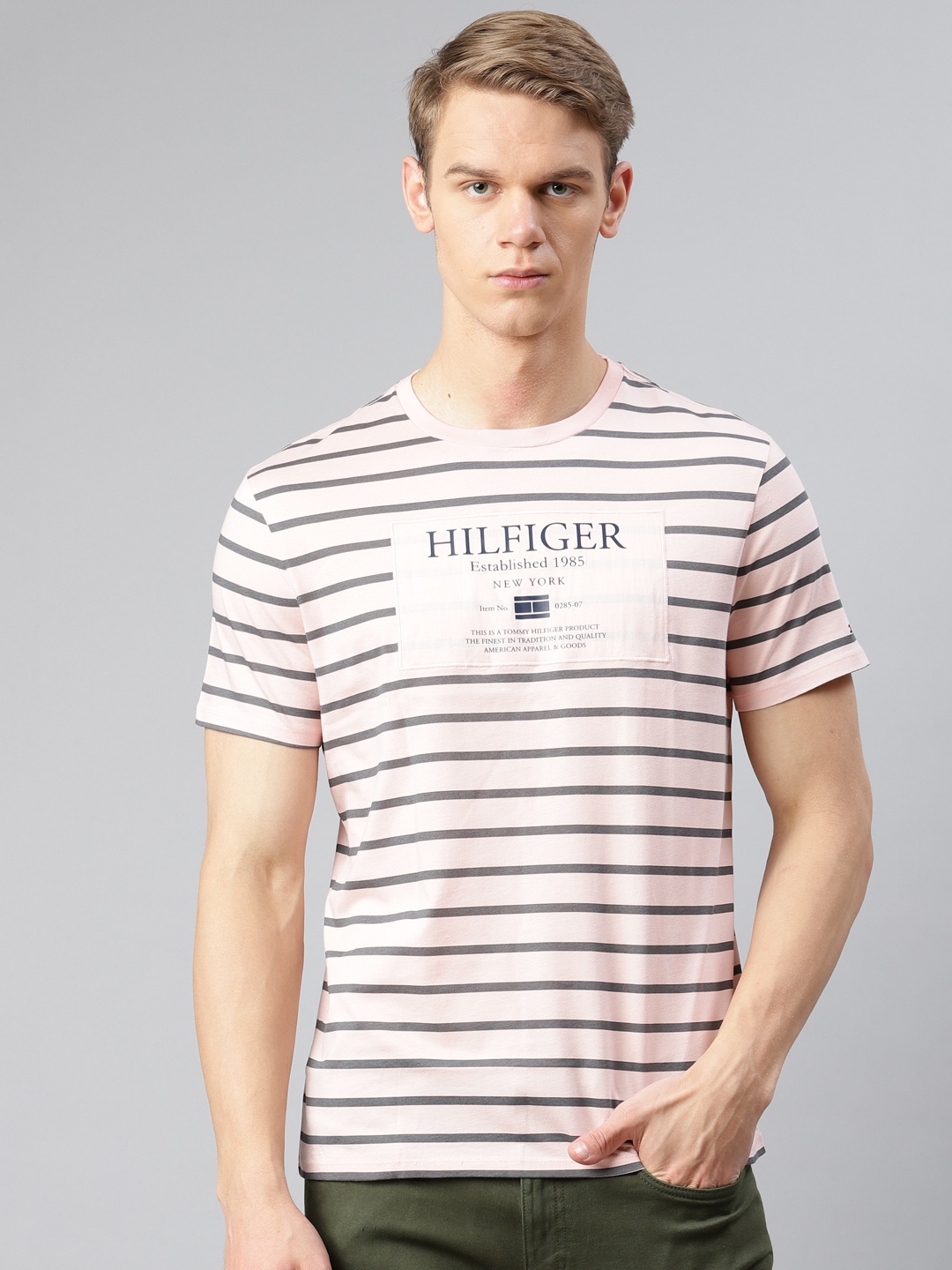 

Tommy Hilfiger Men Light Pink Grey Cotton Striped Round Neck Pure Cotton T-shirt