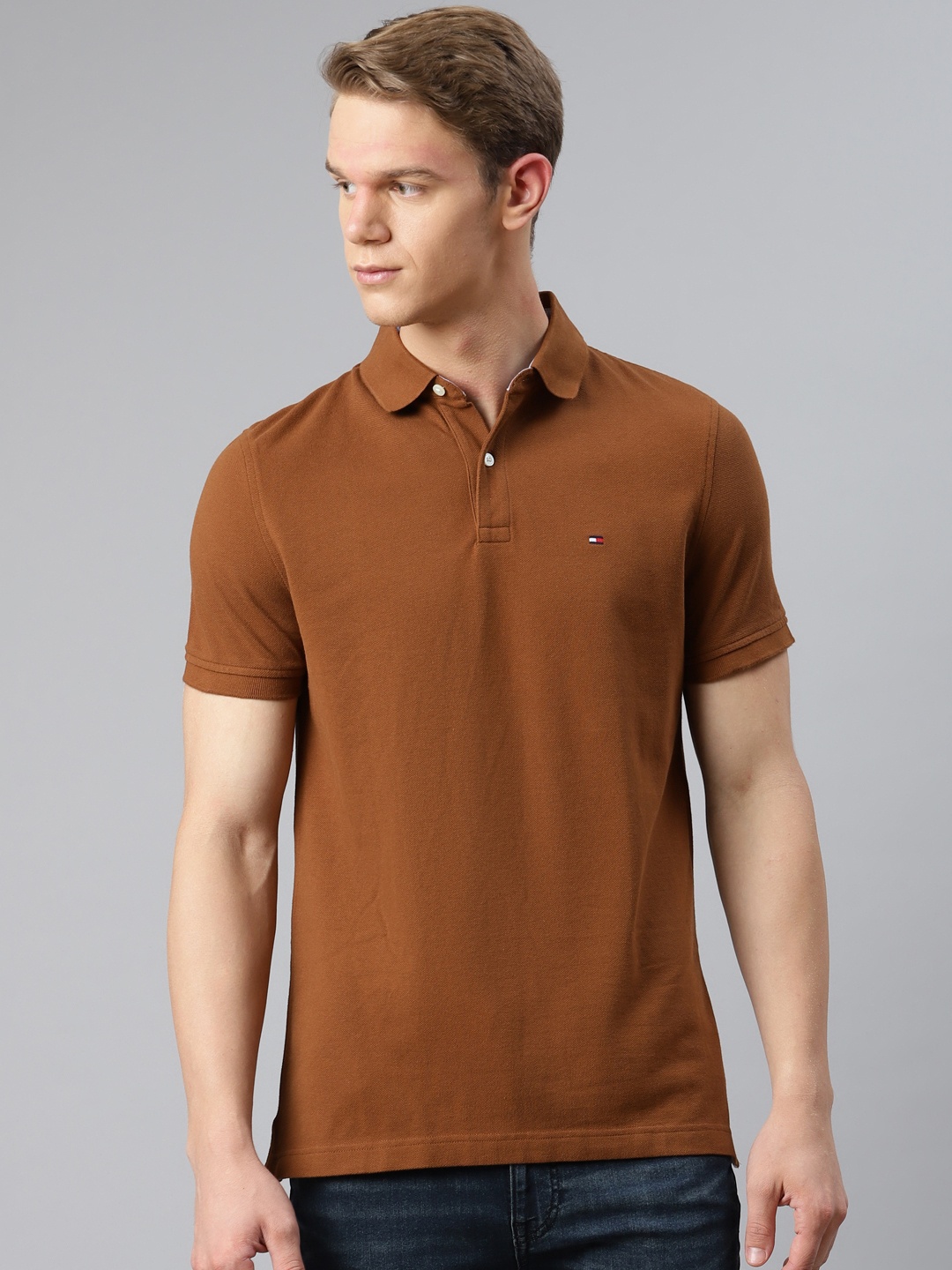 

Tommy Hilfiger Men Brown Cotton Custom Fit Solid Polo Collar Pure Cotton T-shirt