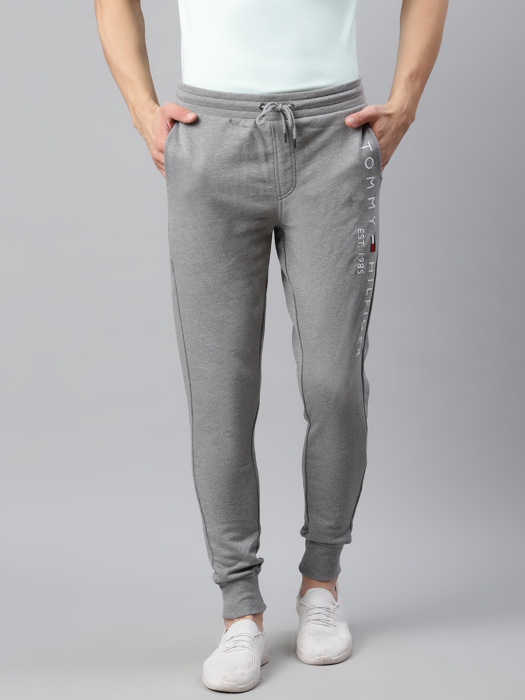 

Tommy Hilfiger Men Grey Melange Straight Fit Solid Pure Cotton Joggers