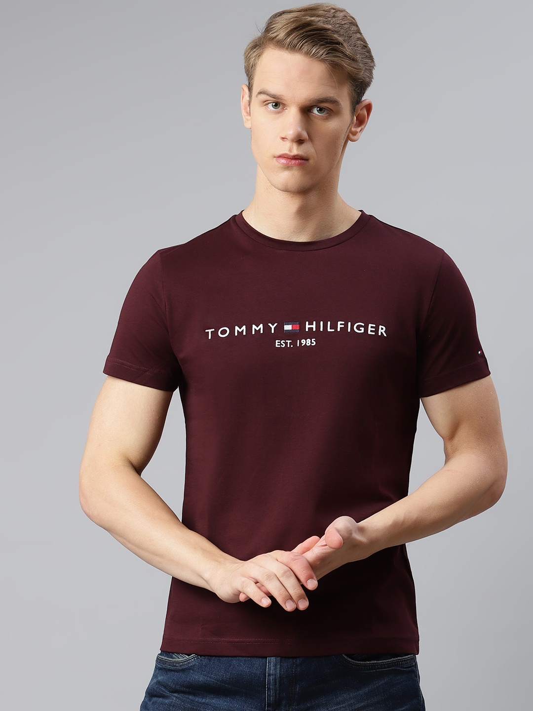 

Tommy Hilfiger Men Burgundy Pure Cotton Logo Embroidered Round Neck T-shirt