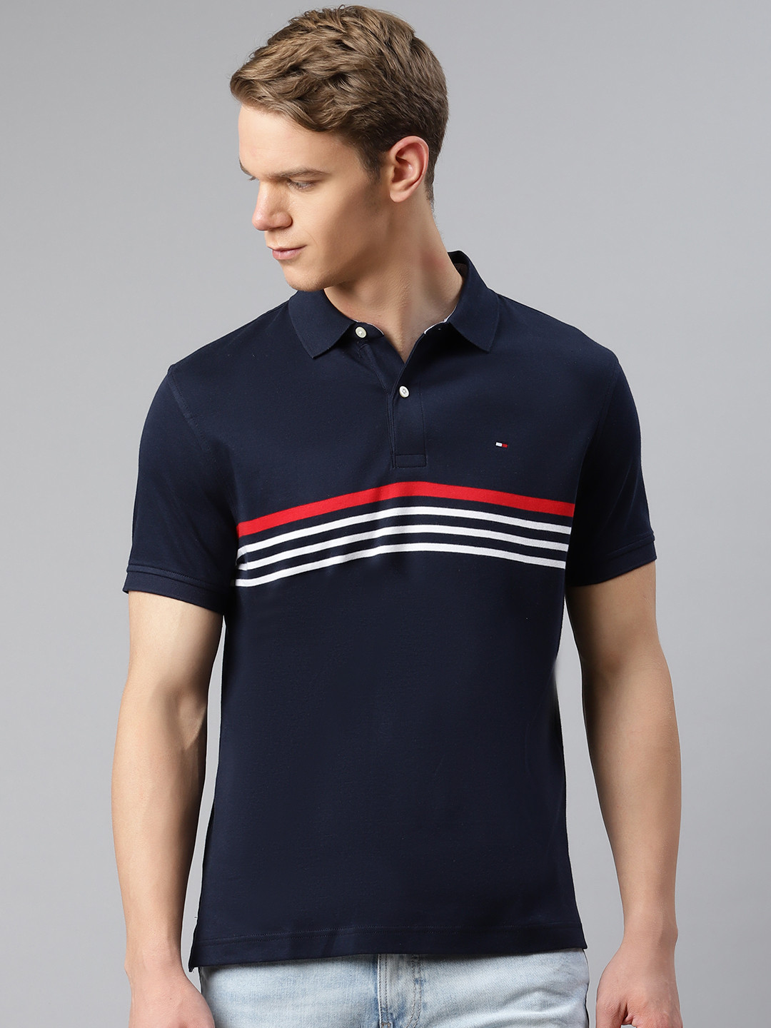 

Tommy Hilfiger Men Navy Blue Cotton Custom Fit Striped Polo Collar Pure Cotton T-shirt
