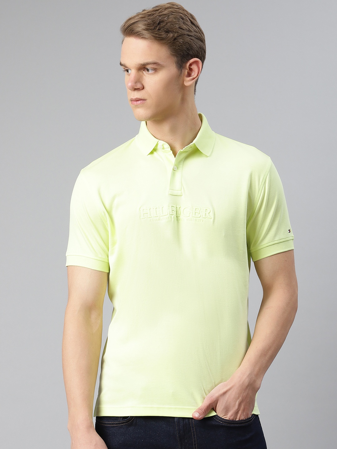

Tommy Hilfiger Men Lime Green Pure Cotton Printed Polo Collar T-shirt