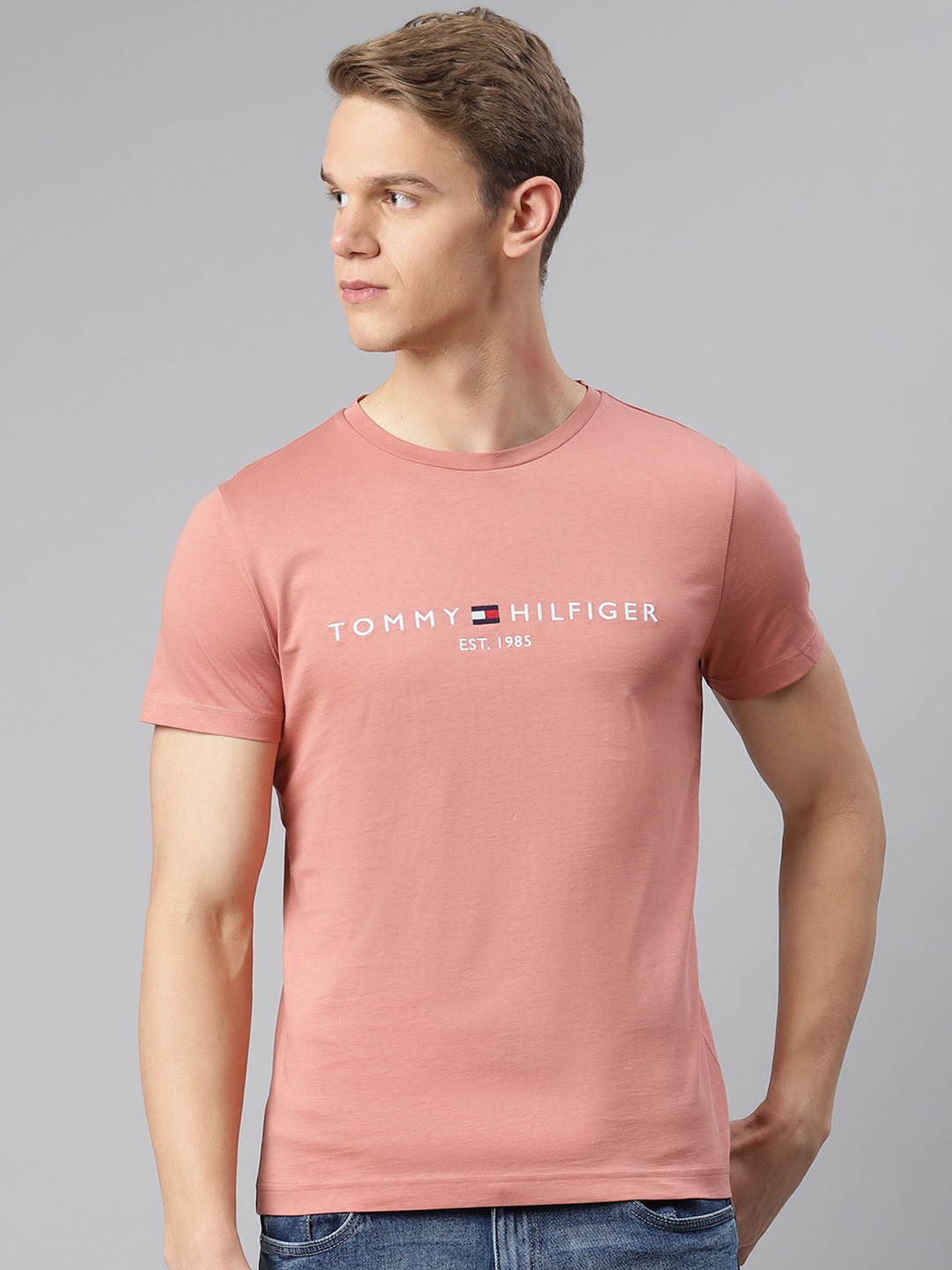 

Tommy Hilfiger Men Pink Organic Cotton Brand Logo Embroidered Round Neck T-shirt