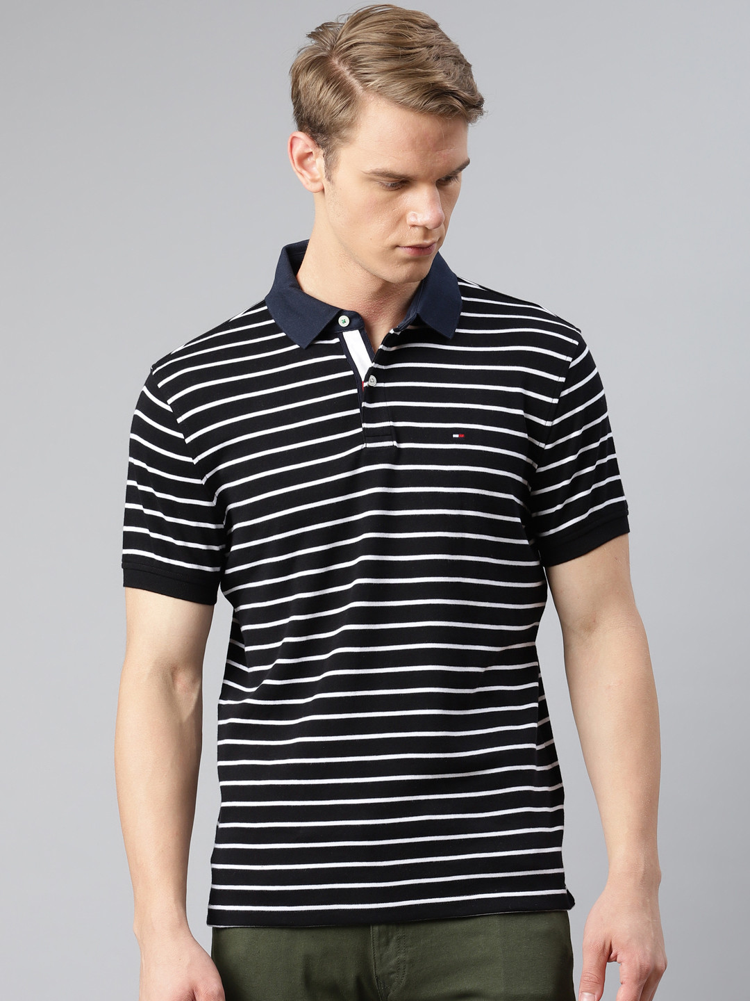 

Tommy Hilfiger Men Black White Pure Cotton Striped Polo Collar Pure Cotton T-shirt