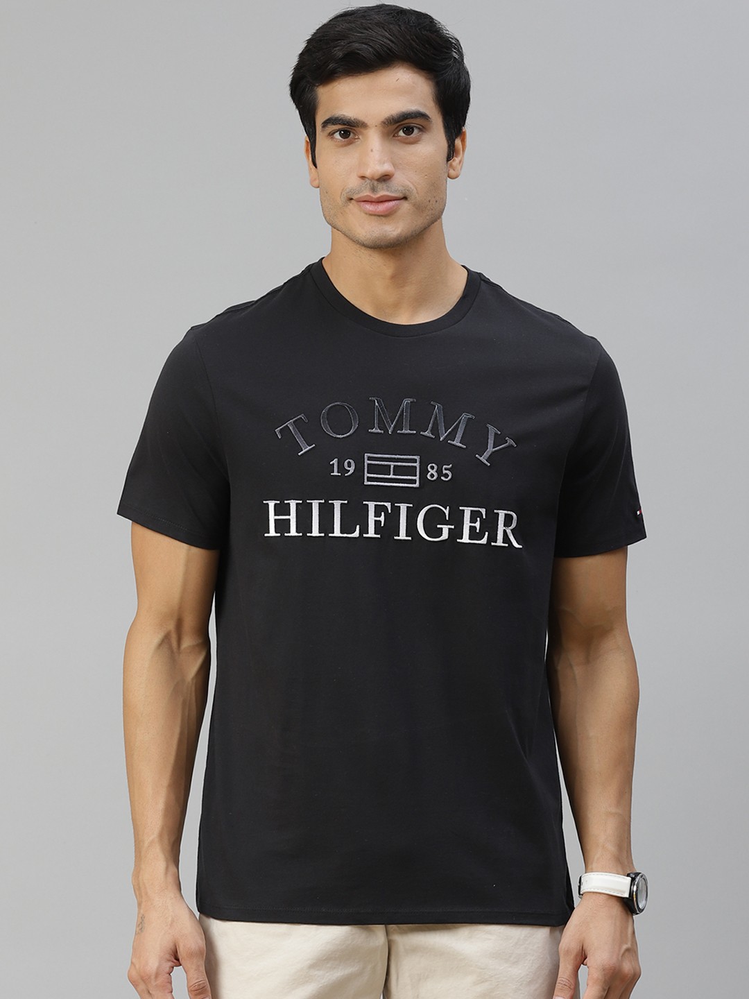 

Tommy Hilfiger Men Black & White Pure Cotton Embroidered Brand Logo T-shirt