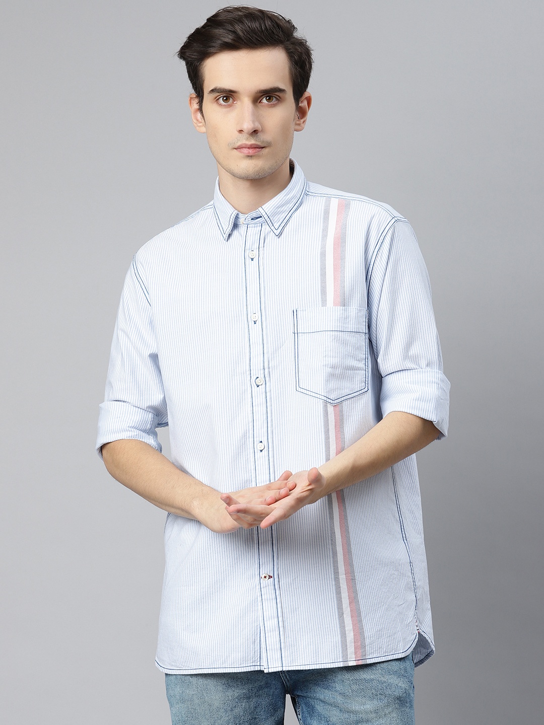 

Tommy Hilfiger Men Blue & White Striped Regular Fit Casual Shirt