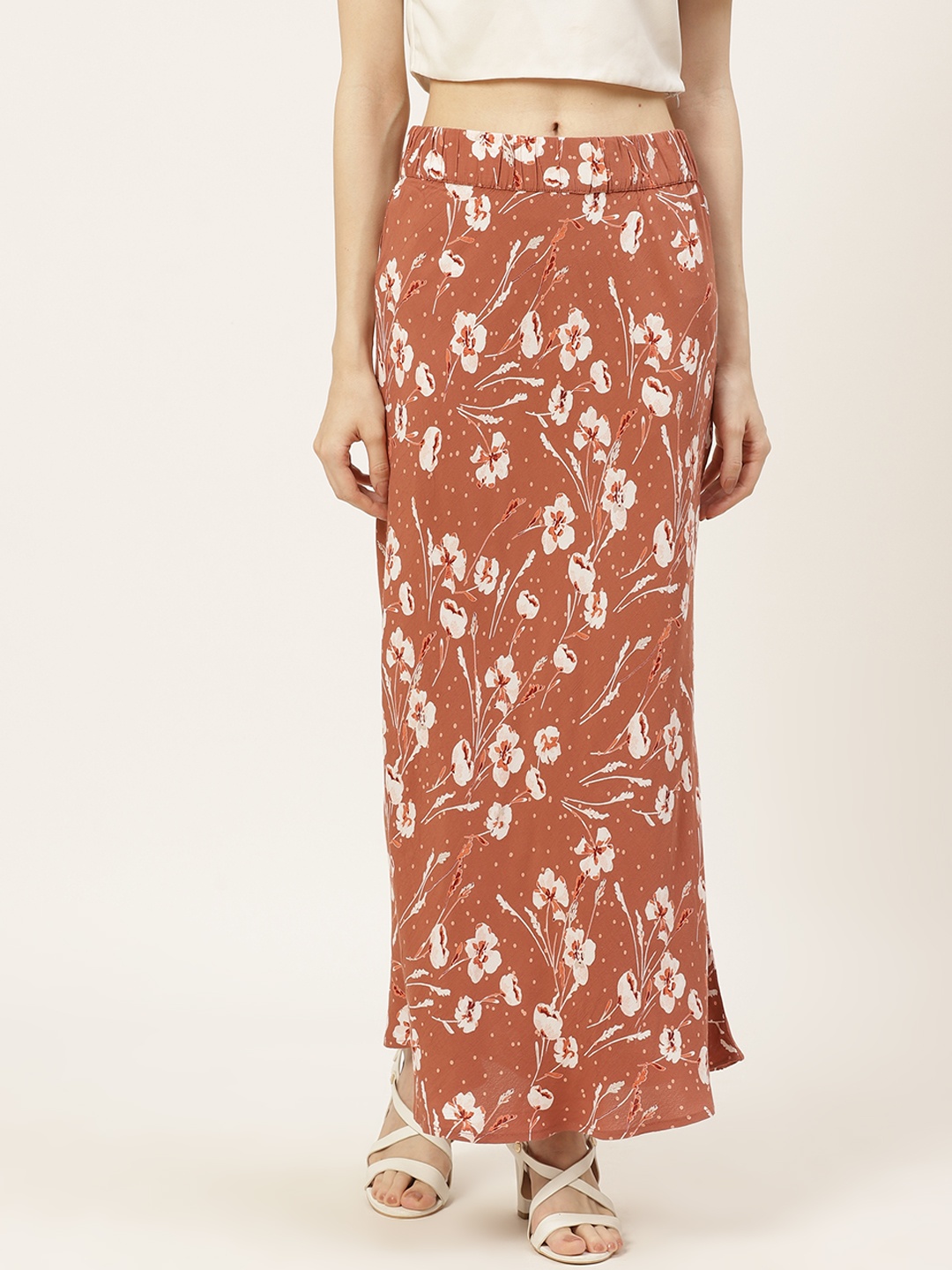 

Off Label Rust Brown & White Floral Print A-Line Maxi Skirt
