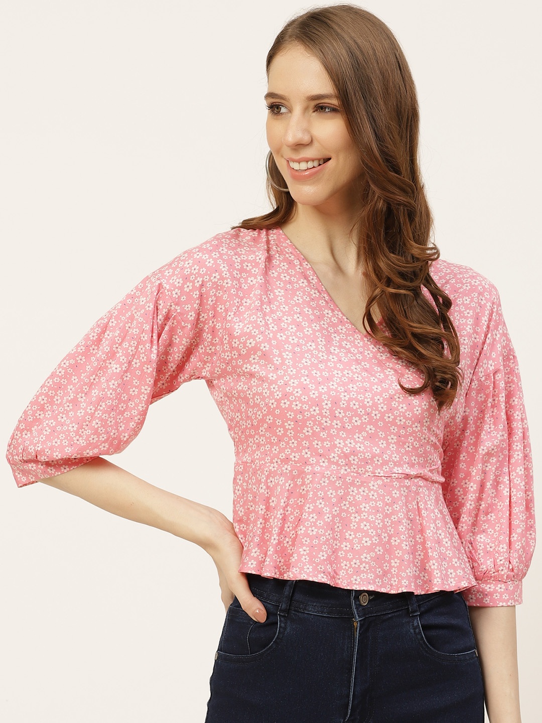 

Off Label Women Pink & White Floral Print Puff Sleeve Wrap Crop Top