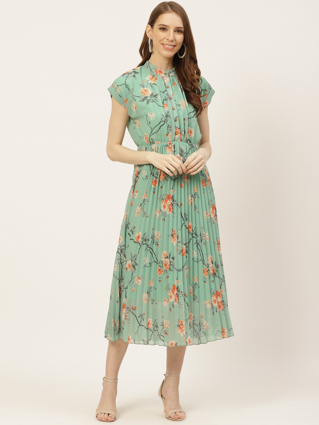 

Off Label Women Green & Coral Orange Floral Print Accordion Pleated A-Line Midi Dress