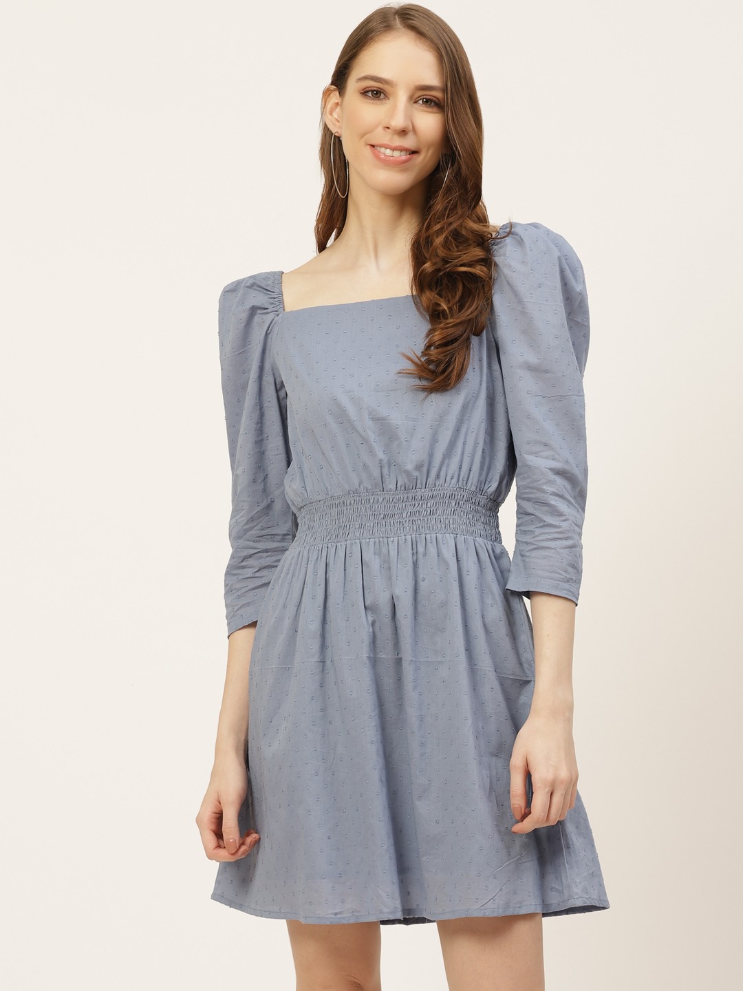 

Off Label Women Blue Self Design Dobby Weave Pure Cotton Smocked A-Line Dress