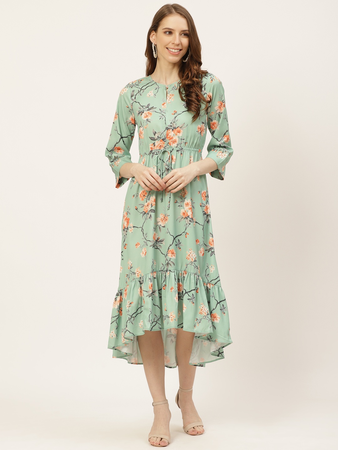 

Off Label Women Green & Coral Orange Floral Print Keyhole Neck A-Line Midi Dress