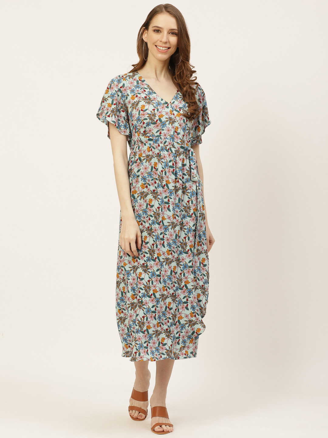 

Off Label Women Blue & Green Floral Print Wrap Midi Dress