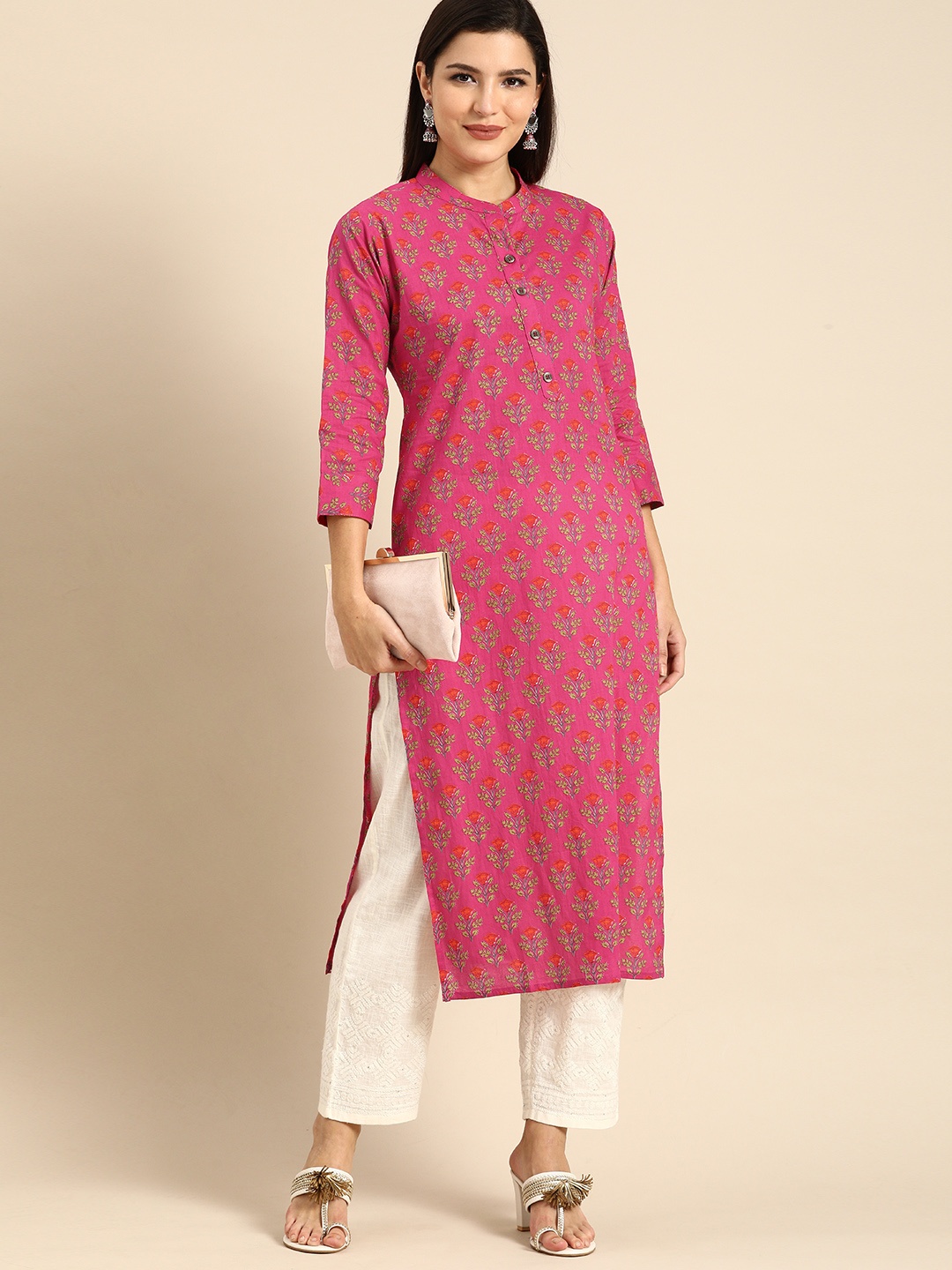 

Rajnandini Women Pink Floral Jaipuri Printed Pure Cotton Kurta