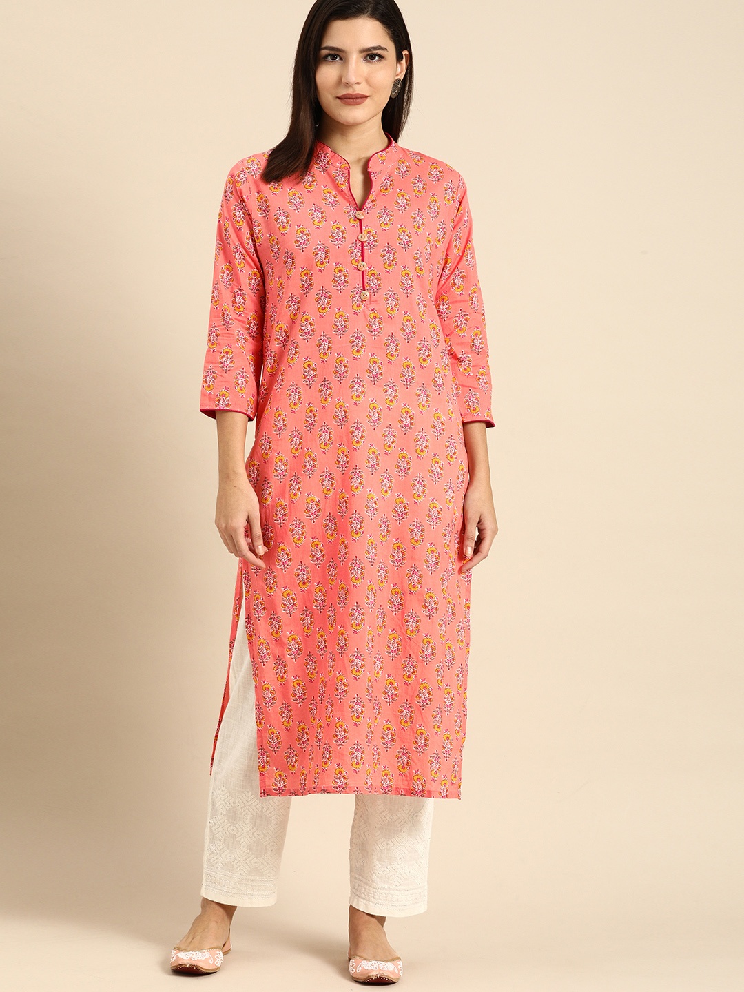 

Rajnandini Women Peach-Coloured Floral Printed Pure Cotton Kurta