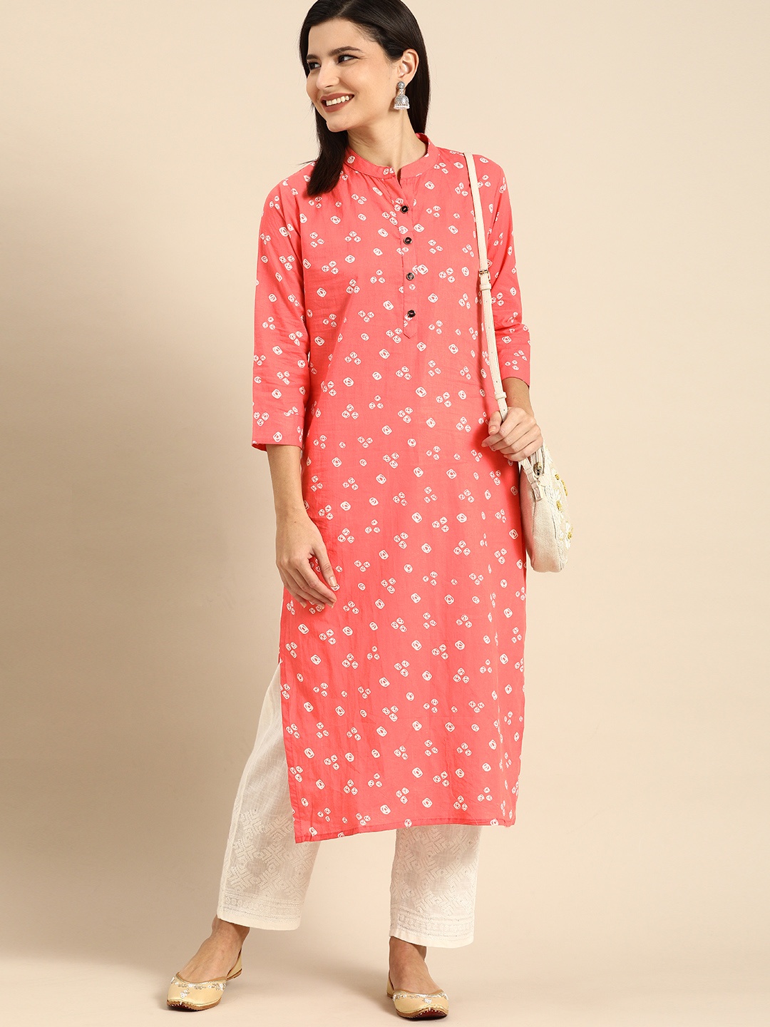 

Rajnandini Women Peach-Coloured Geometric Printed Pure Cotton Kurta