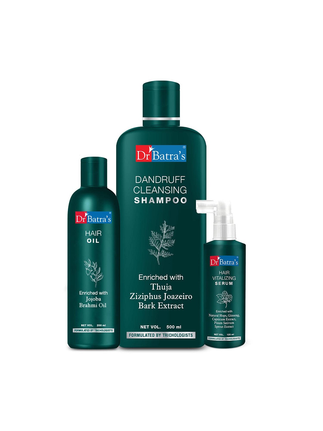 

Dr. Batras Hair Vitalizing Serum 125ml + Dandruff Cleansing Shampoo 500ml + Hair Oil 200ml, Brown