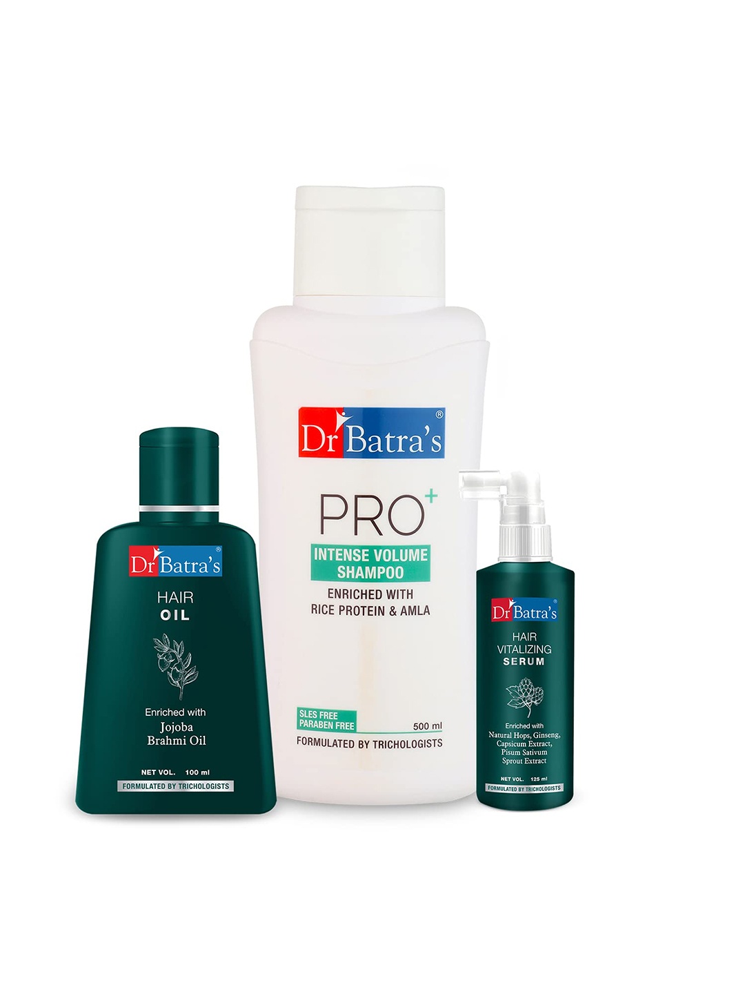 

Dr Batras Hair Vitalizing Serum 125ml + Pro+ Intense Volume Shampoo 500ml + Hair Oil 100ml, Brown