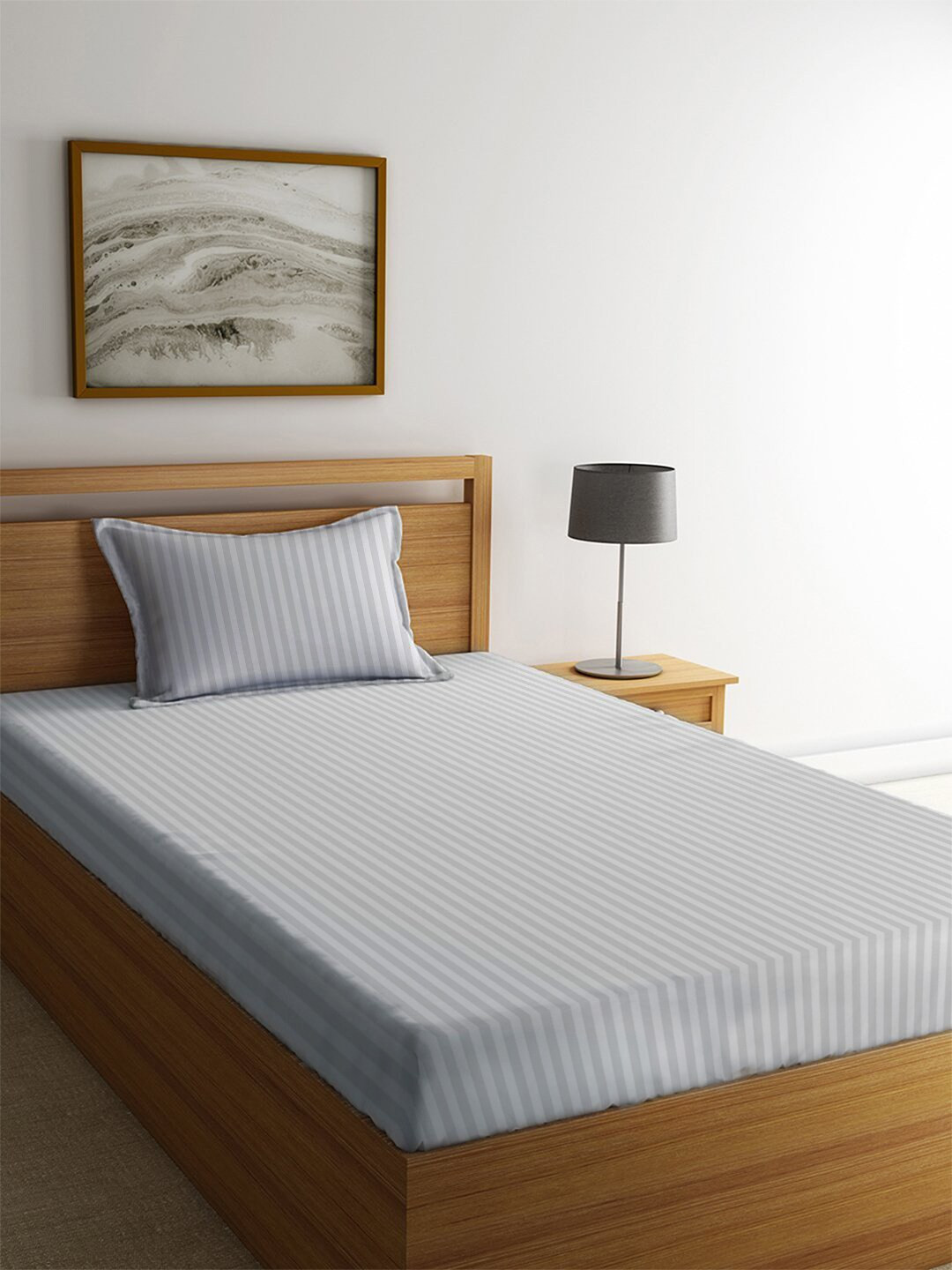 

MAYFAIR HOMES LONDON White & Grey Striped 210 TC Cotton Single Bedsheet & 1 Pillow Covers