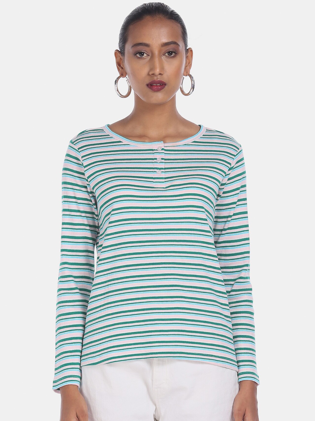 

Cherokee Women Off-White Striped Henley Neck T-shirt