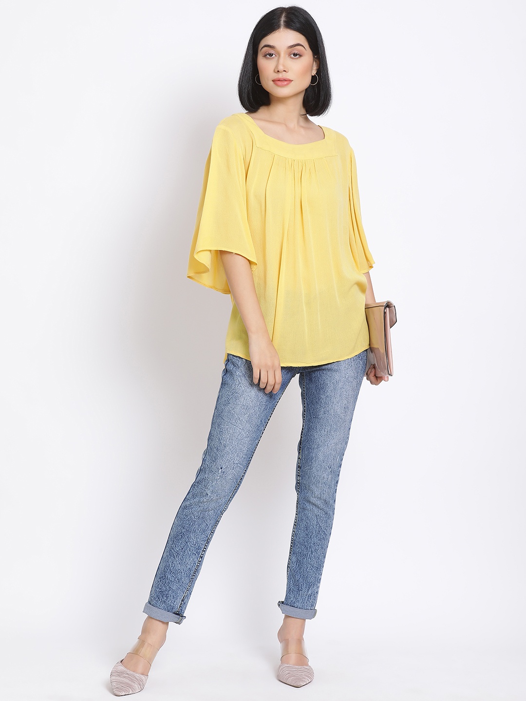 Oxolloxo Yellow Flared Sleeves Crepe Regular Top