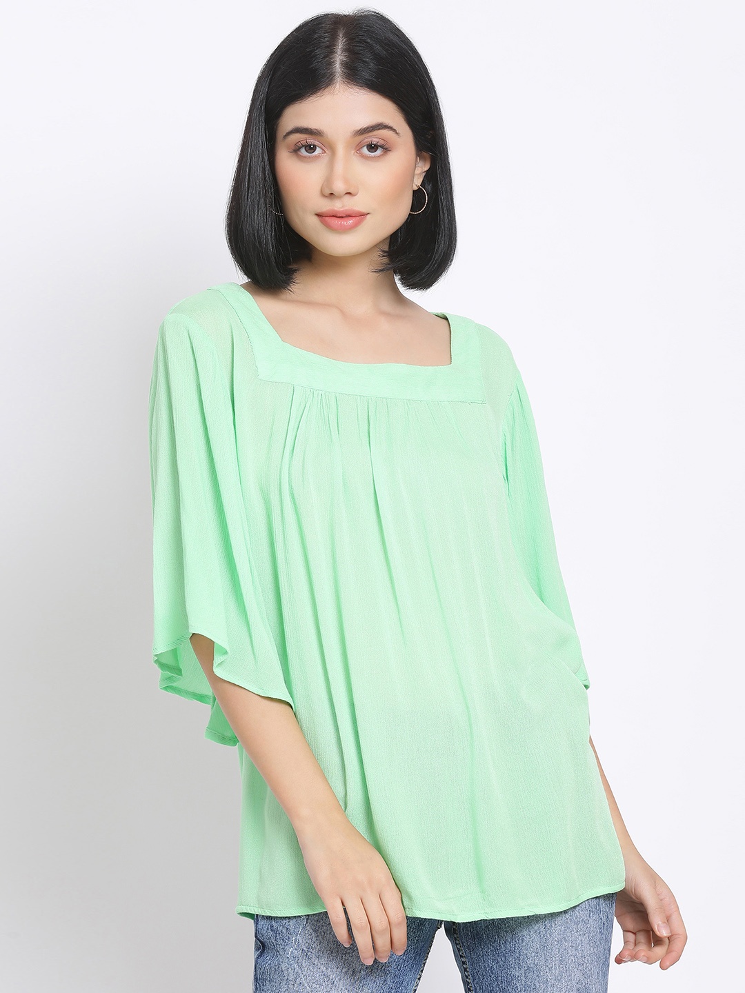 

Oxolloxo Green Solid Flared Sleeves Regular Top